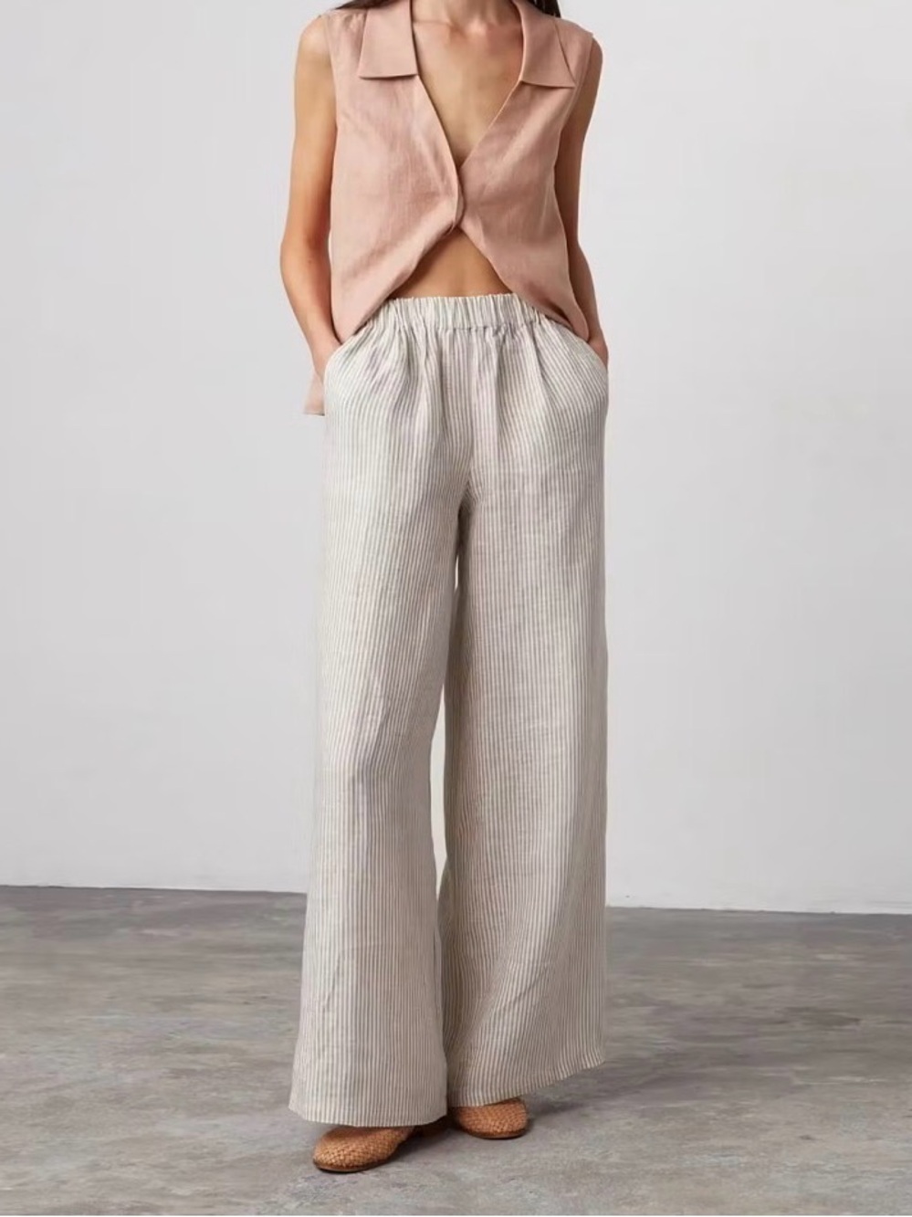 Love & Confuse Pearl Wide Leg Linen Pants - Stripe Beige & White
